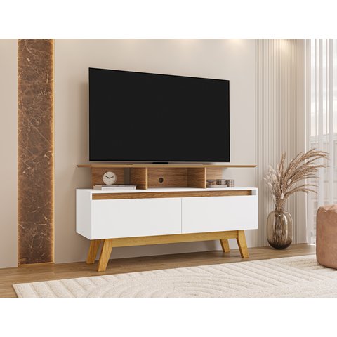 Rack para TV até 50 Polegadas 2 Portas 2 Prateleiras Pés em Madeira Maciça Rubi