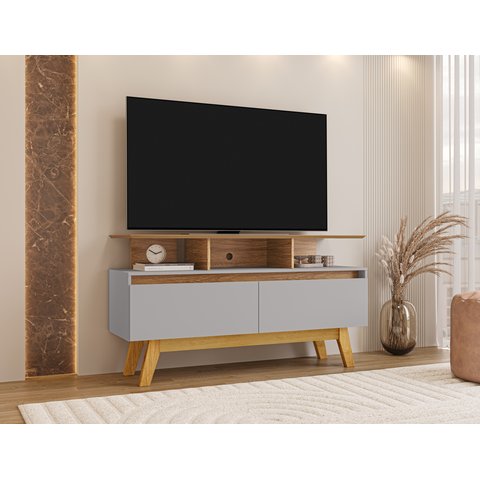 Rack para TV até 50 Polegadas 2 Portas 2 Prateleiras Pés em Madeira Maciça Rubi