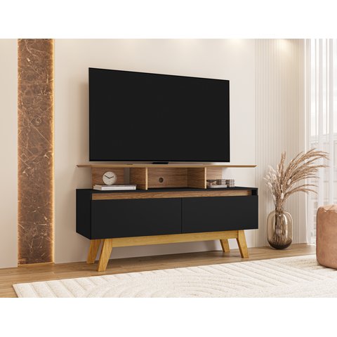 Rack para TV até 50 Polegadas MDF 120cm Pés em Madeira Maciça 2 Portas 2 Prateleiras Rubi Preto