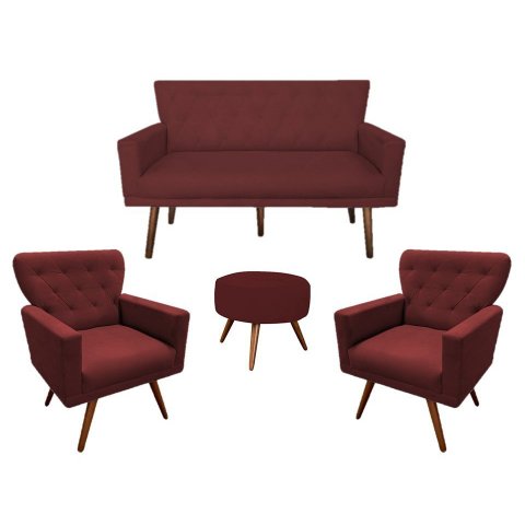 Kit Namoradeira + 2 Poltronas Decorativa Aurora + Puff Redondo Suede Marsala Pés Madeira Mz Decor