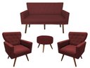 Ver imagem 1 de Kit Namoradeira + 2 Poltronas Decorativa Aurora + Puff Redondo Suede Marsala Pés Madeira Mz Decor