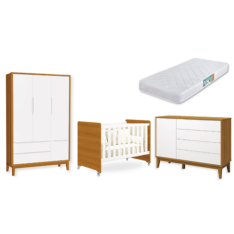 Quarto de Bebê Berço Evolution + Guarda Roupa 3 Portas + Cômoda Sapateira Elfe Savana com Colchão