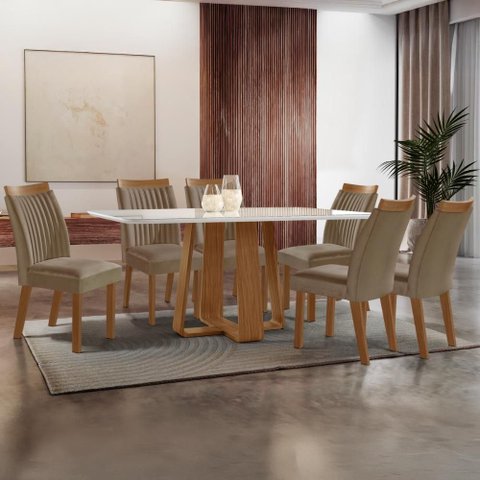 Conjunto Mesa de Jantar com Vidro e 6 Cadeiras 160cm Multimóveis Crljm-CON030 Madeirado/Bege