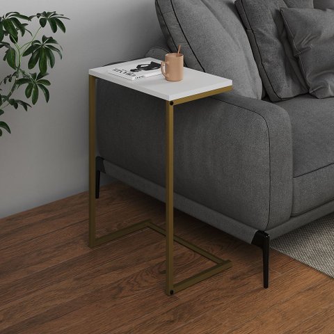 Mesa Lateral de Apoio Industrial Sofá Charmme Ferro Dourado e Tampo Branco