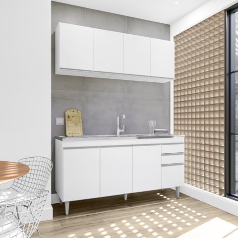 Cozinha Compacta Lorena com Pia e Cuba Ghelplus 160cm 8 Portas 2 Gavetas Branco Maderatto Móveis