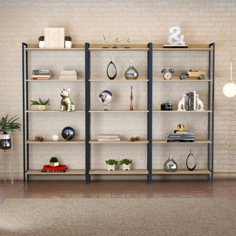 Estante de Livros Industrial Aço 240CMX187CM Kit 3 Estantes 5 Prateleiras Active Yescasa Marrom/Carvalho