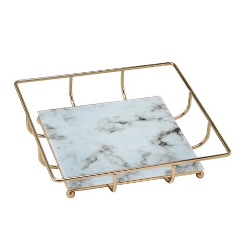 Bandeja Decorativa Quadrada em Metal e Vidro Dourado 26cm PARIS LUZ