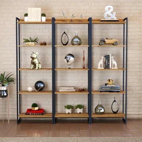 Estante de Livros Industrial Aço 180CMX187CM Kit 3 Estantes 5 Prateleiras Active Yescasa Marrom/Carvalho