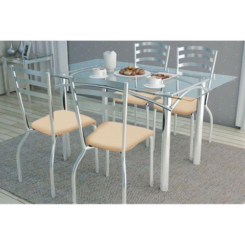 Sala de Jantar Completa Elba C/ Tampo Vidro 120cm + 4 Cadeiras Portugal Cromado/courano Nude -