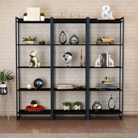 Estante de Livros Industrial Aço 180CMX187CM Kit 3 Estantes 5 Prateleiras Active Yescasa Preto/Ônix