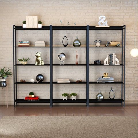 Estante de Livros Industrial Aço 240CMX187CM Kit 3 Estantes 5 Prateleiras Active Yescasa Preto/Ônix