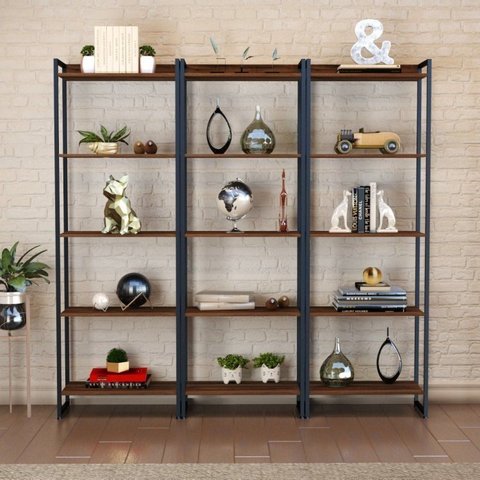 Estante de Livros Industrial Aço 180CMX187CM Kit 3 Estantes 5 Prateleiras Active Yescasa Marrom/Nogal