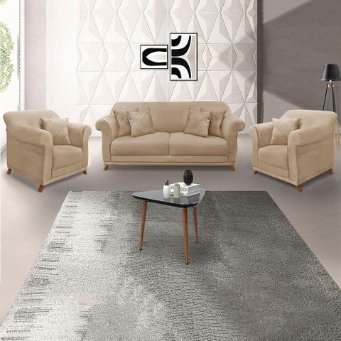 Kit 2 Poltronas E Sofá 2 Lugares 1,80m Pés Castanho Bege