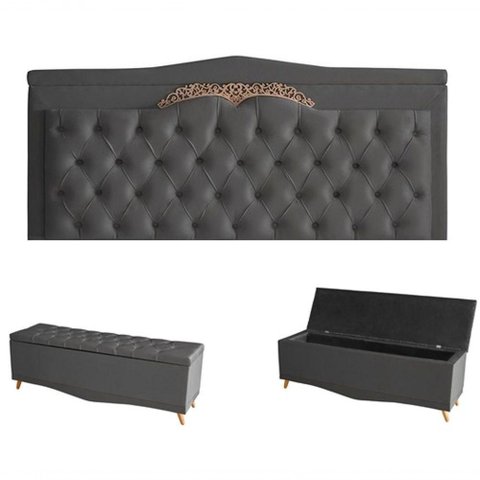 Kit Barcelona Cabeceira de Cama Painel e Calçadeira Baú King 195 Cm Suede Grafite do Lar Móveis e