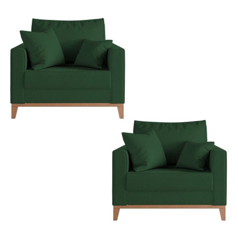 Kit 2 Poltronas Beny Decorativa com 2 Almofadas Suede Verde Base em Madeira Maciça
