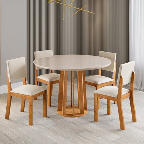 Conjunto Sala de Jantar 4 Lugares Redondo Tampo de Vidro MDF Fiora Bege/Mel/Off White