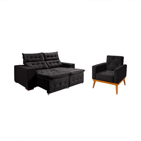 Kit Sofá Bari Retrátil Reclinável 1,90m Pillow + Poltrona Florença Espuma Premium - Preto Veludo