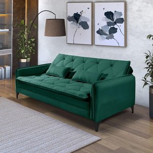 Sofá Cama Reclinável Yara Casal 2,08m Pés de Ferro Suede Verde Império Estofados
