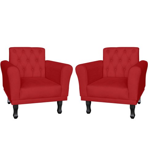 Kit 2 Poltronas Decorativa Classic Suede Vermelho Pés Madeira Mz Decor