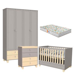 Quarto de Bebê Rope 4 Portas com Cômoda Gaveteiro Cinza Natural e Colchão Gazin – Matic