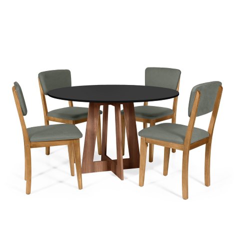 Mesa de Jantar Redonda Montreal Pret/nor com 4 Cadeiras Estofadas Ella Cinza