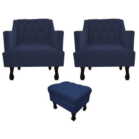 Kit 2 Poltronas Decorativa Julia + Puff Luis Xv Suede Azul Marinho Pés Madeira Ms Decor
