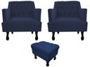 Ver imagem 1 de Kit 2 Poltronas Decorativa Julia + Puff Luis Xv Suede Azul Marinho Pés Madeira Ms Decor