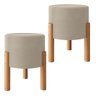 Kit 2 Puff Banquinho Decorativo Redondo em Linho Luxo Pés Madeira Maciça Thor - Casa Jd - Bege - 1