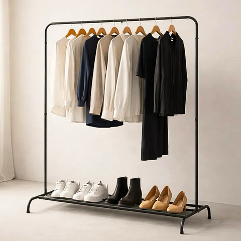 Guarda-roupa Arara 3 Colunas Multifuncional Desmontável Organizador de Roupa Metal Preto Lavanderia