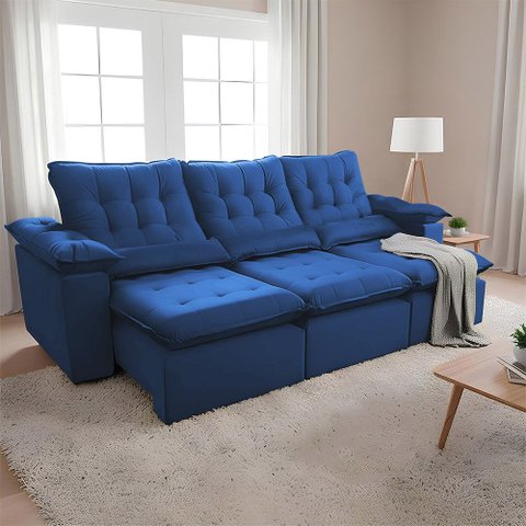Sofá Retrátil 2.50m Reclinável Master Suede Super Macio e Conforto de Sala Grande Europa Azul