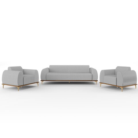 Kit Sofá 3 Lugares 210cm com 2 Poltronas Molino Pés D'ouro D02 Linho Cinza D-315 - Lyam Decor