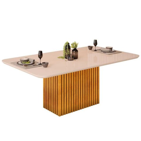 Mesa de Sala Jantar Canes com Tampo Vidro Curvo 200x100cm Cedro Off White Dj Móveis