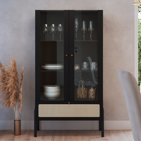 Cristaleira 2 Portas Vidro 1 Gaveta 83cm Palhinha Pé Madeira Oslo Artesano | Nero - Nero/preto