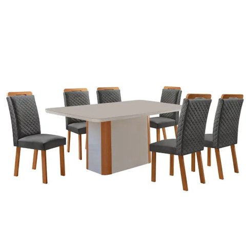 Mesa de Jantar Isadora 180cm Tampo MDF Vidro Canto Copo com 6 Cadeiras Lorena