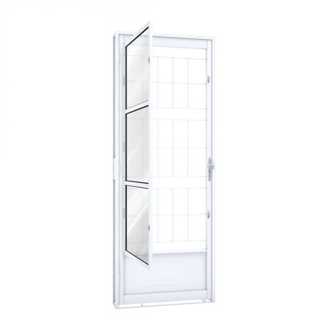 Porta de Aço Postigo 215x85cm com Grade Quadrada e Vidro Liso Riobras Abertura Esquerda Branco