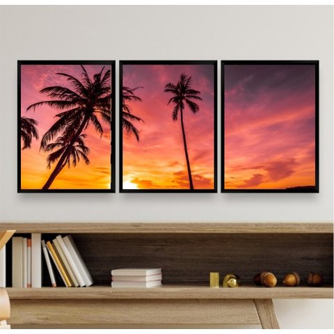 Kit 3 Quadros Decorativos Praia Por do sol 24x18cm:madeira Preta