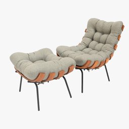Poltrona Costela Premium + Puff Decorativo Luxo Linho Cinza - 1