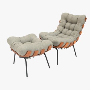 Poltrona Costela Premium + Puff Decorativo Luxo Linho Cinza