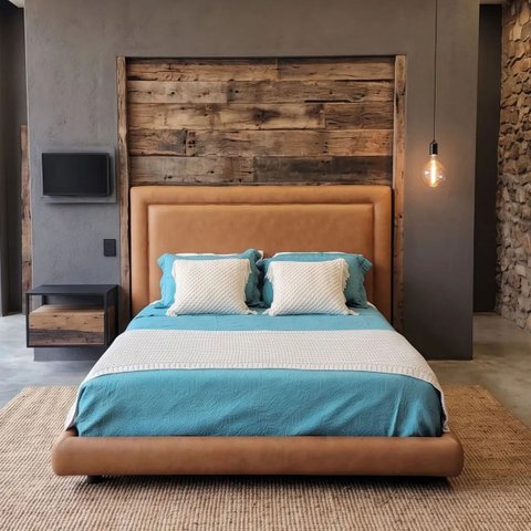 Conjunto Cabeceira e Base Cama Mônaco Couro Sintético Caramelo Queen