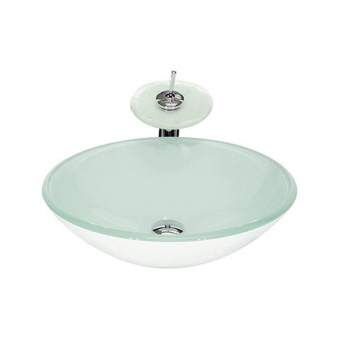 CUBA DE VIDRO REDONDA 35CM BRANCA + VALVULA + TORNEIRA CASCATA