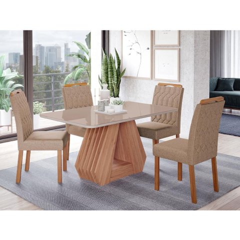 Conjunto de Mesa de Jantar Tampo de Vidro Off White Agata e 4 Cadeiras Paola Madeira Linho Bege e