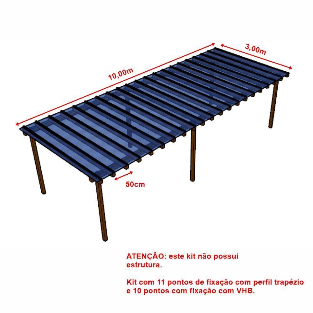 Kit Policarbonato Azul 4mm 10,00m X 3,00m - Perfis Naturais - 4
