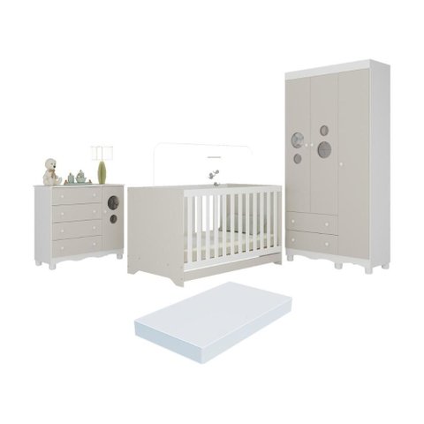 Quarto de Bebê Completo Berço Americano 3 em 1 Colchão Suspiro Multimóveis Mp4640 Branco/off
