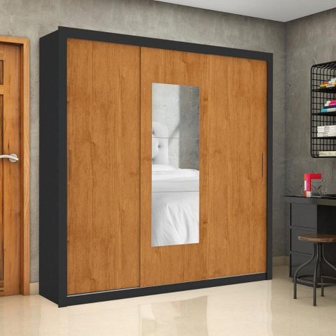 Guarda-Roupa Casal com Espelhos 3 Portas e 4 Gavetas 186cm Multimóveis CR35572 Preto/Madeirado