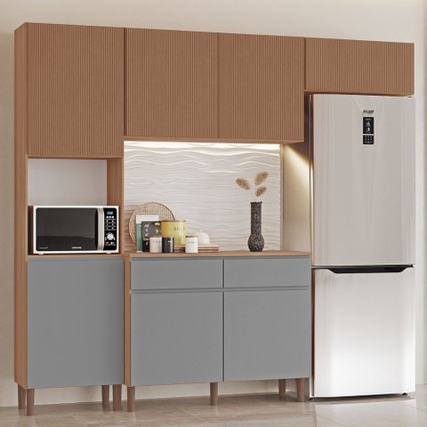 Cozinha Completa Modulada Bali New 100% Mdf Tuboarte 7 Portas e 2 Gaveta Freijó Grafite Canelado
