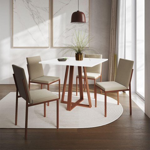 Conjunto de Jantar Mesa Mônaco 90cm Tampo Branco com 4 Cadeiras Bege Base Cobre - Cor: Preto