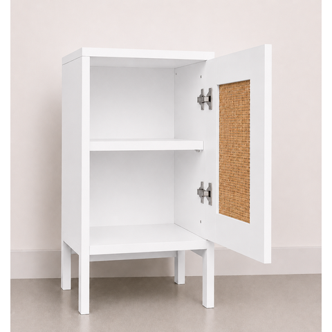 Mesa de Cabeceira Madeira 100% MDF, Cor Branco, 1 Porta, Detalhe de Palhinha