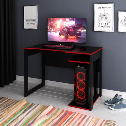 Mesa Gamer com e Porta CPU ME4161 1 Prateleira 105cm Preto E Vermelho
