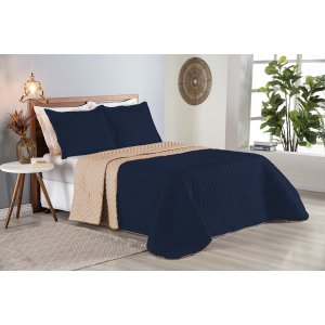 Colcha Cobre Leito Cama de Casal 3 Pç Dupla Face Duas Cores Acolchoado Microfibra:azul Escuro e Avel