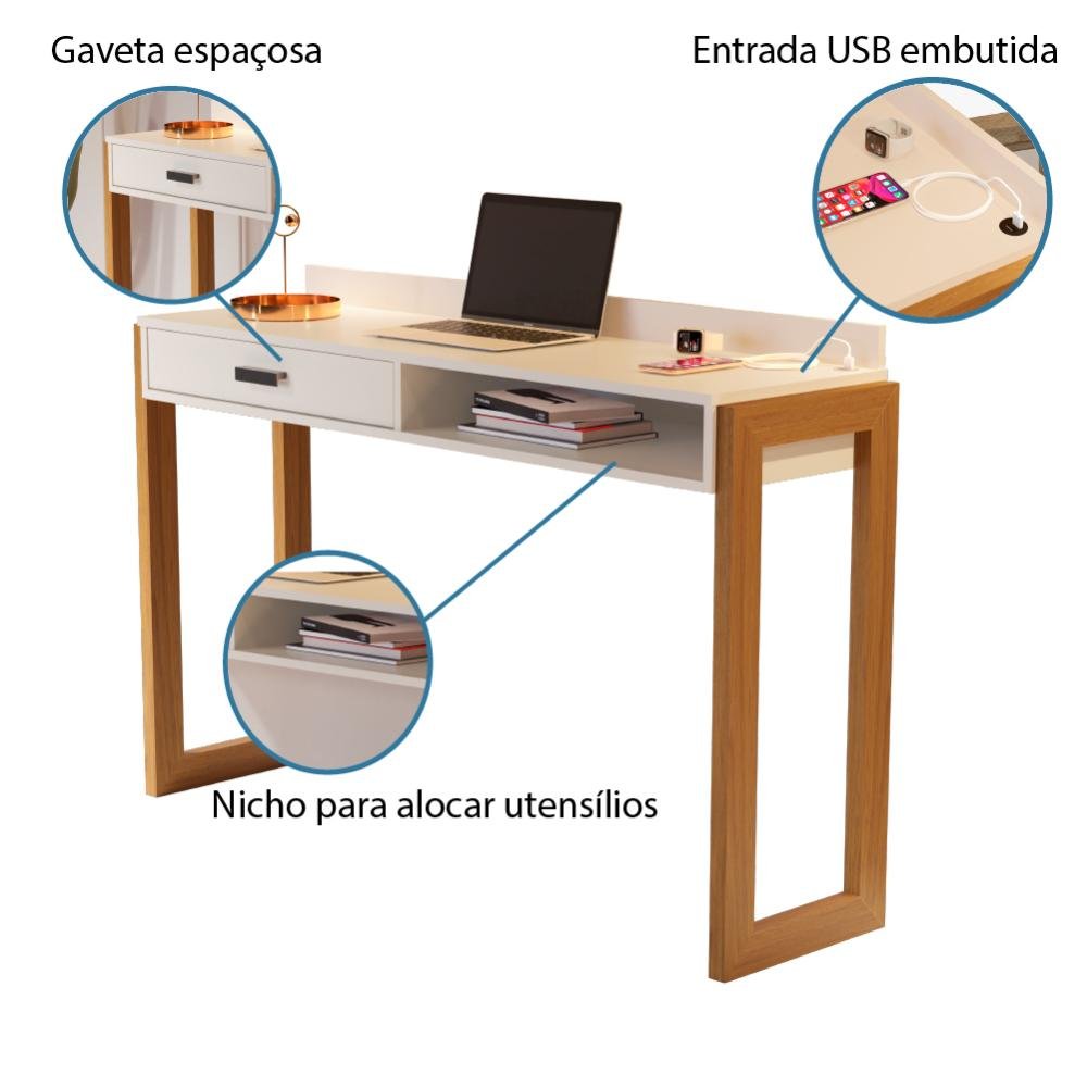 Escrivaninha com Gaveta e Entrada Usb Integrada 1,30m Jb 6055 Off White / Nature - 10